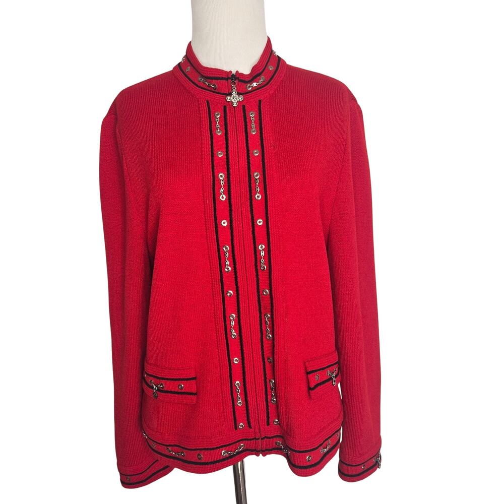 St. John Collection Knit Evening Jacket Chain Hardware Santana Red Women 8